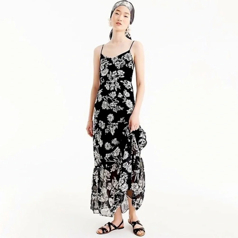 J Crew Black Sheer Floral Maxi Dress Tiered Spaghetti Strap Size 2